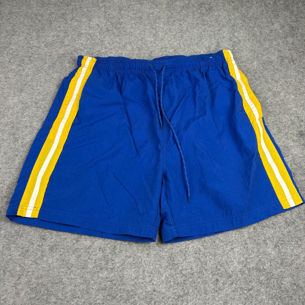 Vintage 90s Sand N Sun Swim Shorts Mens L Blue Yellow Striped Nylon Mesh Lined